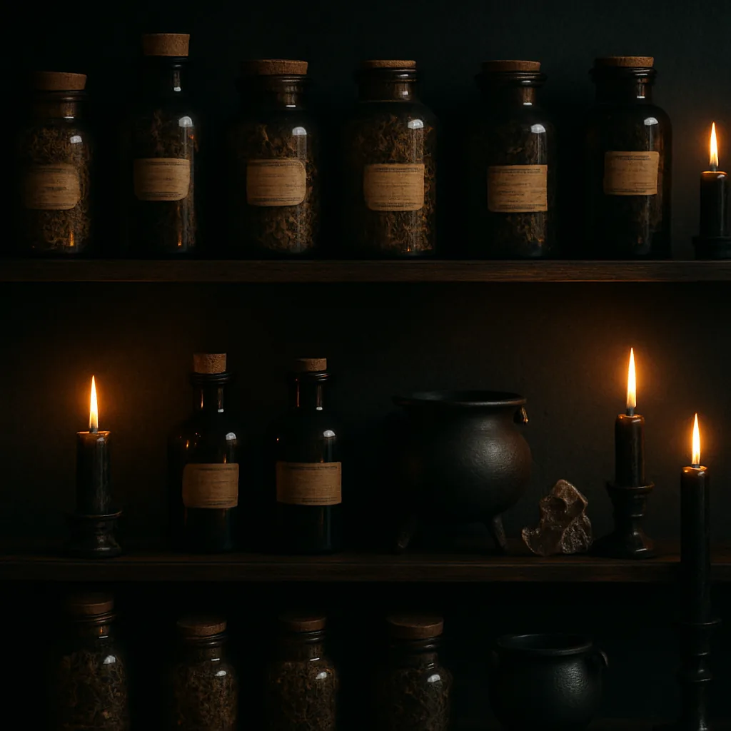 Prateleira de apotecário oculto com potes de ervas, velas e cristais